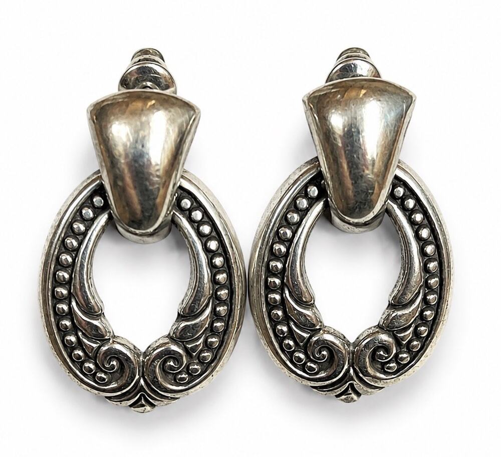 Vintage Brighton Silver Plated Hinged Drop Earrings Scroll Oval Hoop 1.25”